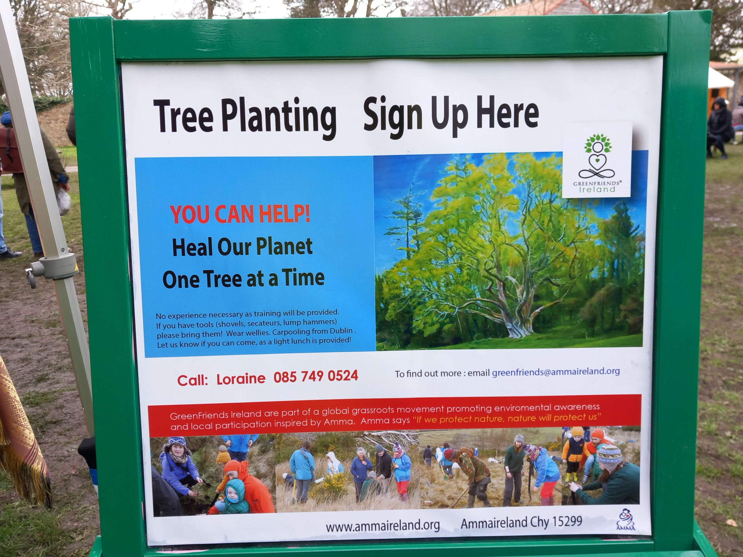 Tree planting sign with details of how to heal the planet